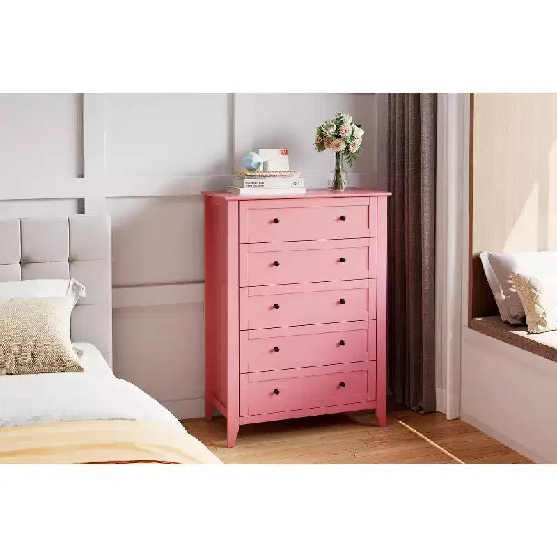5-Schubladen-Kommode, 108 cm hoch, für das Schlafzimmer, Holzschrank mit 30 cm tiefen Schubladen und goldenen Metallgriffen, ideal für den Eingangsbereich oder Flur