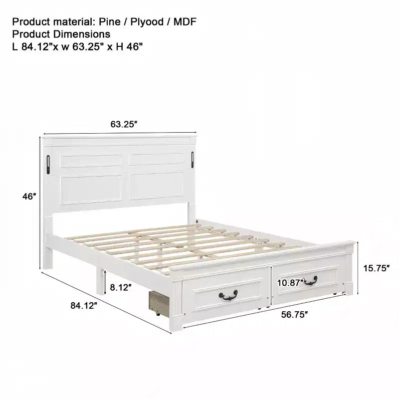 ModernLuxe Bettrahmen für Queensize-/Kingsize-Betten mit hohem Kopfteil, rustikales Holzbettgestell mit 2 Schubladen, LED-Beleuchtung und USB-Anschlüssen