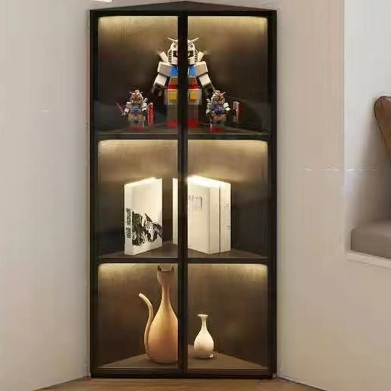 Modernes graues Eck-Standregal aus Metall und Holz mit Glastür