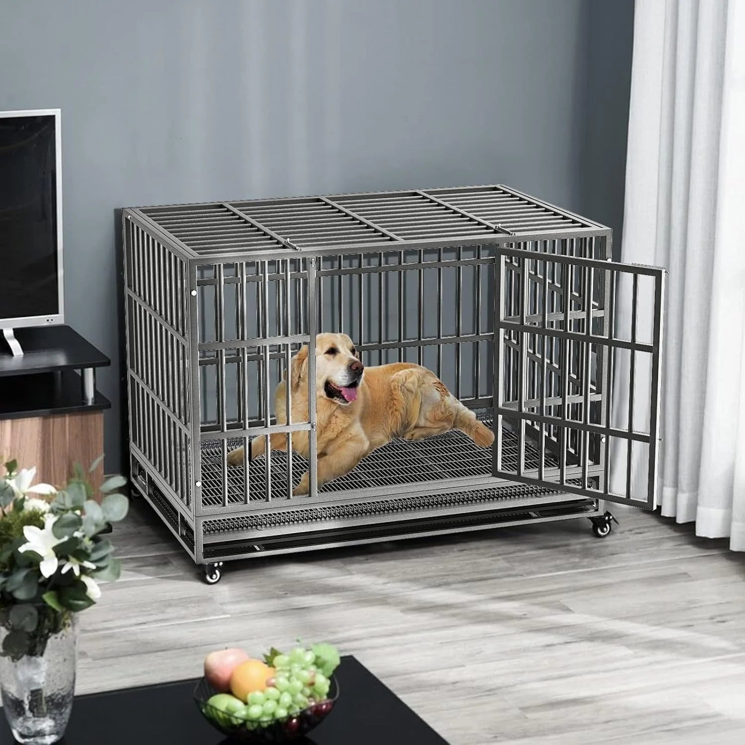 BOSSIN 48/38 Zoll Schwerlast-Hundebox, unverwüstlich, ausbruchsicher, mit feststellbaren Rollen