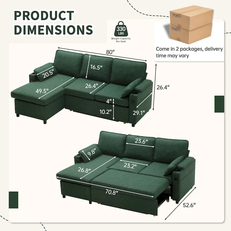 80 L-förmiges Schlafsofa, Sofabett mit Ausziehbett, umwandelbares Schlafsofa