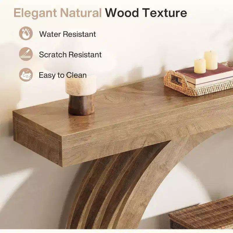 Lantine 63 Zoll Konsolentisch, 2-stöckiger Sofatisch für hinter das Sofa, schmaler einzigartiger Konsolentisch im Landhausstil mit Bogen für Flur, Wohnzimmer, Eingangsbereich, Natur