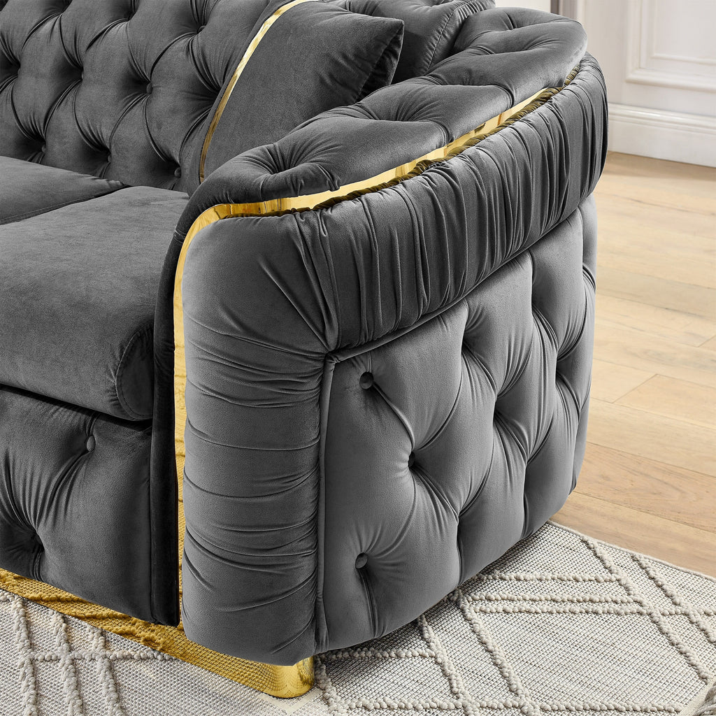 90.6 Samt-Dreisitzer-Sofa mit 2 Kissen, hochdichten Polstern, goldenen Akzenten und Kissen