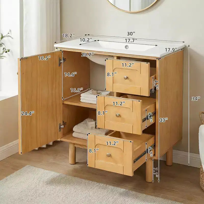 JVNOXK 75 cm Rustikaler Moderner Keramik-Waschtischunterschrank mit 3 Schubladen und 1 großer Soft-Close-Tür, Aufbewahrungsschrank, Naturholzmaserung