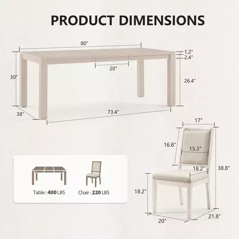 Modernes Esszimmer-Set – 80 Tisch + 6 gepolsterte Stühle, Massivholzrahmen, 180 kg Tischbelastbarkeit, einfache Montage