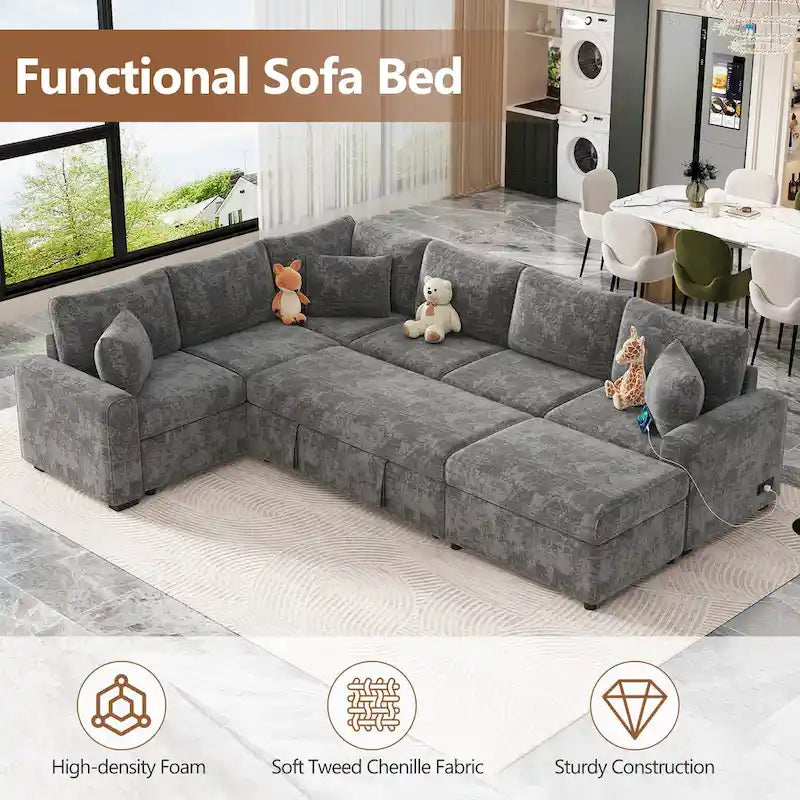 Chenille Ecksofa mit Ausziehfunktion, L-förmiges Schlafsofa mit Stauraum-Ottomane, 3 Kissen und Ladevorrichtungen