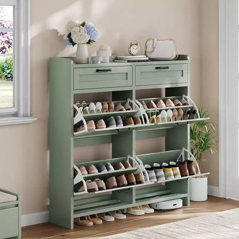 Schuhschrank mit 4 Klappfächern und 2 oberen Schubladen, Schuh-Organizer-Schrank aus Holz mit verstellbarem Regal, freistehende Schuhaufbewahrungsschränke
