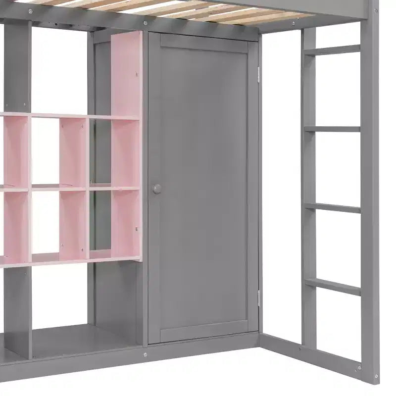 Hochbett für Kinder mit Kleiderschrank und Regalen, Holz-Hochbettgestell mit Aufbewahrungsschrank für Kinder und Jugendliche