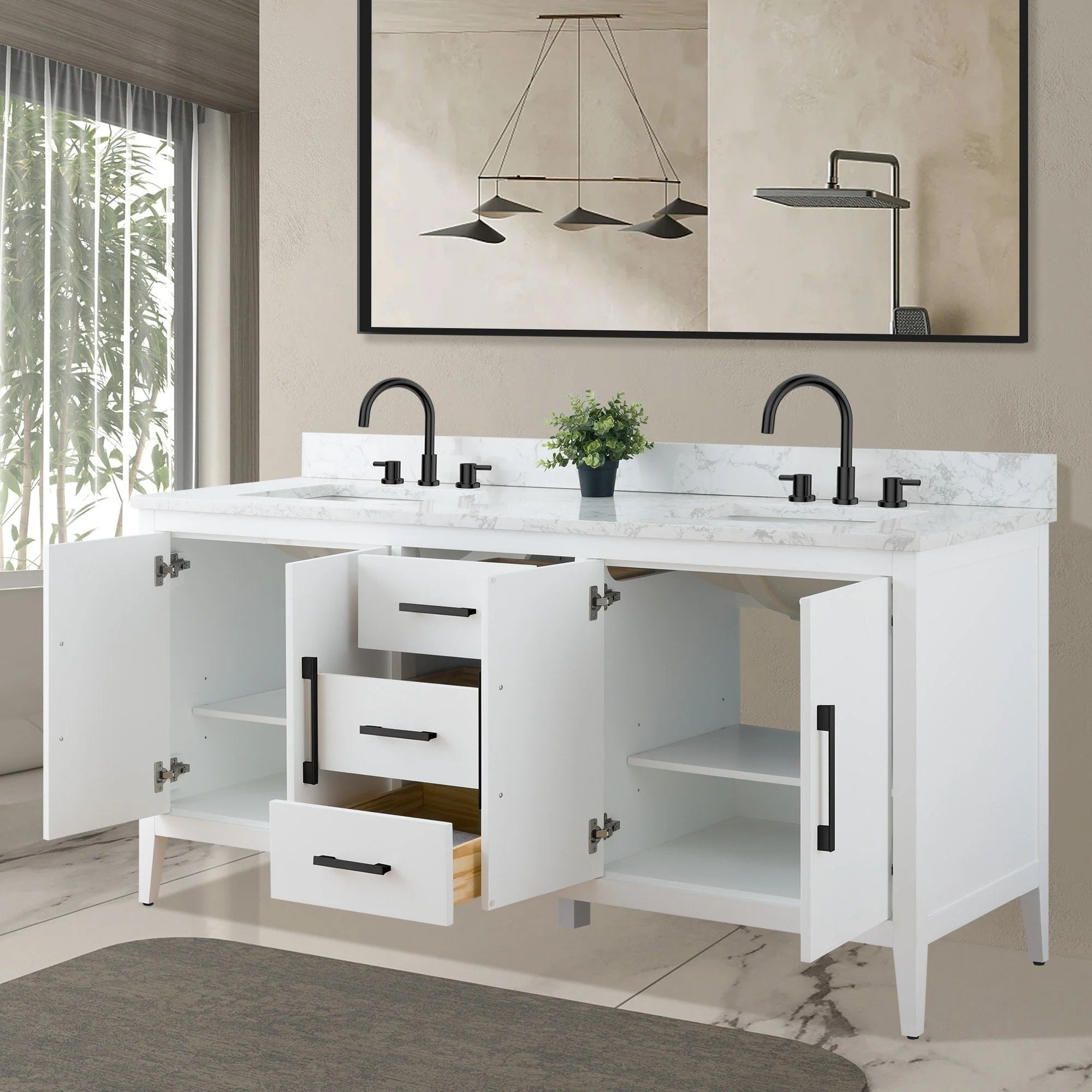 Vanity Art 72 Zoll Badezimmer-Waschtischunterschrank mit Doppelwaschbecken und Kunstmarmorplatte