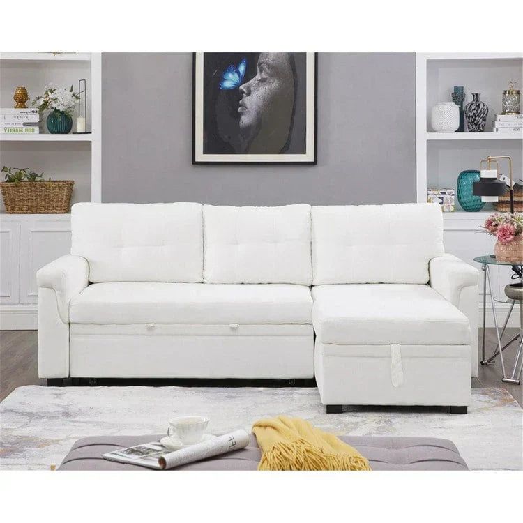Verwandelbares, umbaubares Ecksofa mit ausziehbarem Schlafsofa, versteckter Aufbewahrung in der Récamiere und robusten Beinen