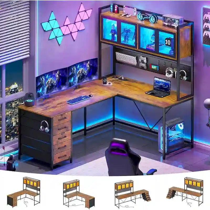L-förmiger Gaming-Schreibtisch Computertisch Lochwand 5 Schubladen Ablageregal