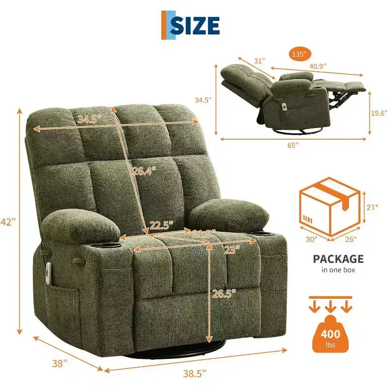 Übergroßer Relaxsessel für Erwachsene, Manueller Dreh-Schaukelsofa, Seitentaschen & Getränkehalter für Große und Schwergewichtige, Wohnzimmer