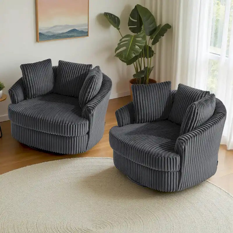 2er-Set übergroßer 43 W Plüsch-Cord-Drehsessel mit Kissen