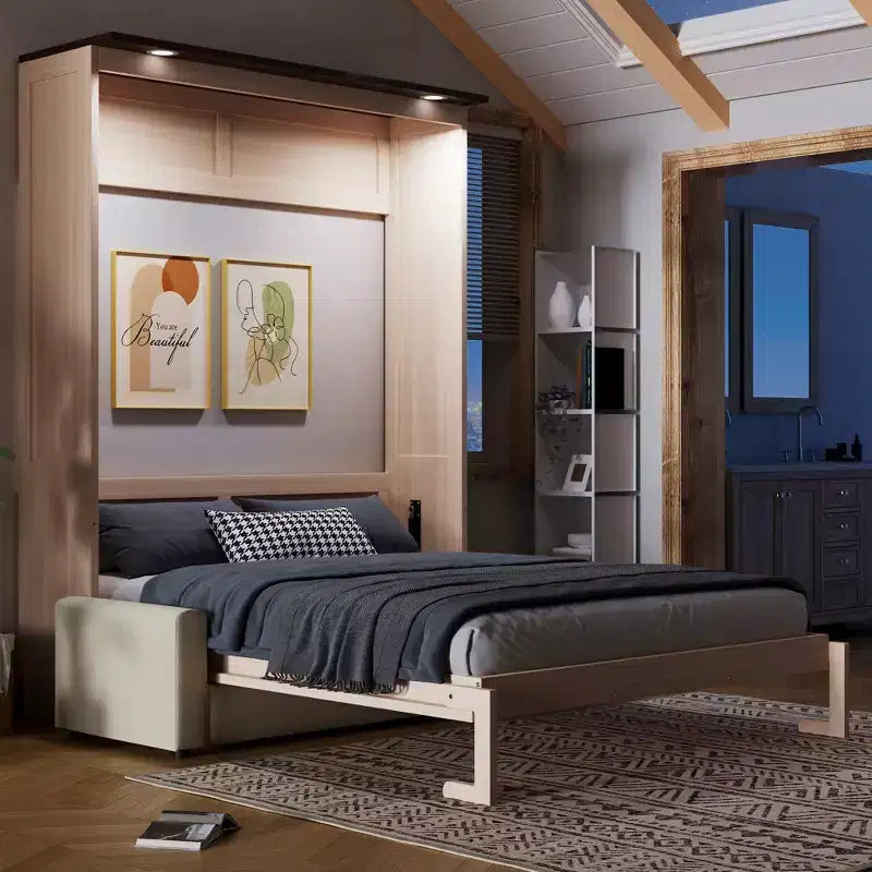Murphy-Bett in Queen-Size mit Sofa, Queen-Schrankbett aus Holz mit LED-Beleuchtung, klappbares Truhenbett für Gästezimmer, Beige