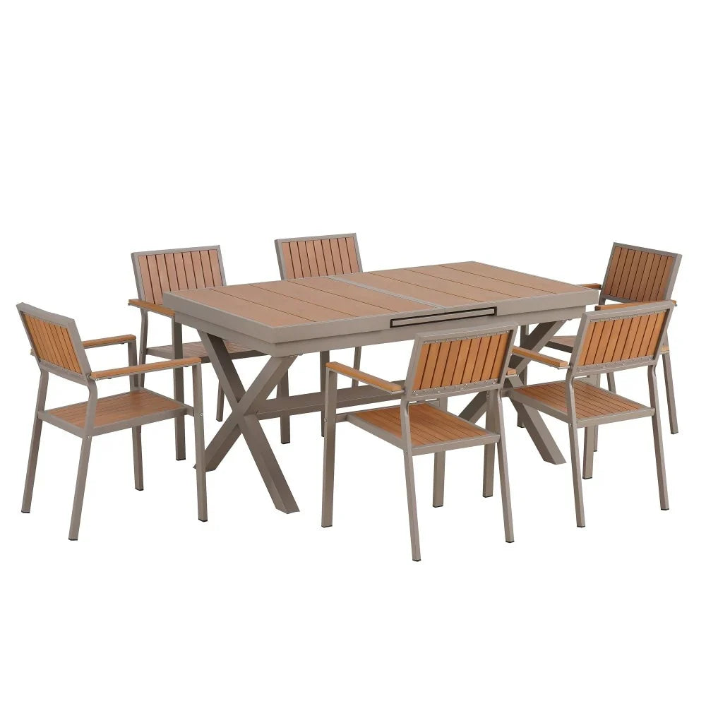 Modernes 7-teiliges Outdoor-Essgruppe mit sechs Stühlen und einem ausziehbaren Tisch für die Terrasse