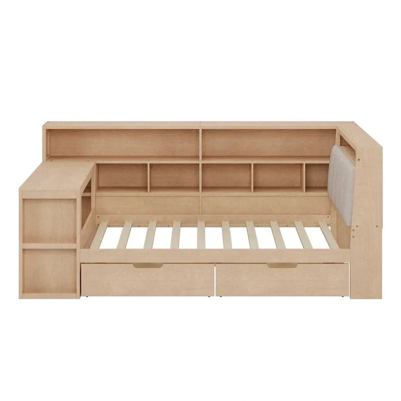 L-förmiges Holzsofa-Tagesbett mit Schreibtisch, Bücherregal, Eckbett mit Schubladen unter dem Bett, gepolstertem Kopfteil und integrierter Beleuchtung