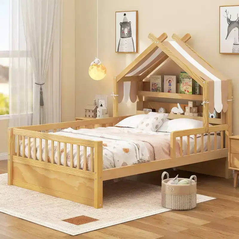 ModernLuxe Hausbett aus Holz für Zwillinge/Standardgröße mit Stauraum-Kopfteil, Kinderbettgestell aus massivem Kiefernholz mit Rausfallschutz