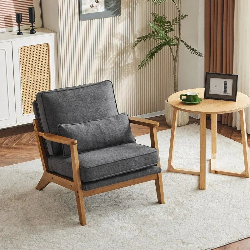 Polster-Akzentsessel aus Leinenmischgewebe mit Holzbeinen und einem Kissen, Beige