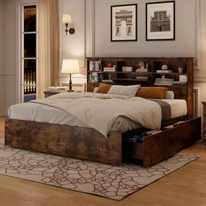 Doppelbettgestell mit Stauraum-Kopfteil, Holzbettrahmen mit 4 Schubladen, Stauraum-Bücherregal & King-Size-Plattformbett mit starker Metallunterstützung