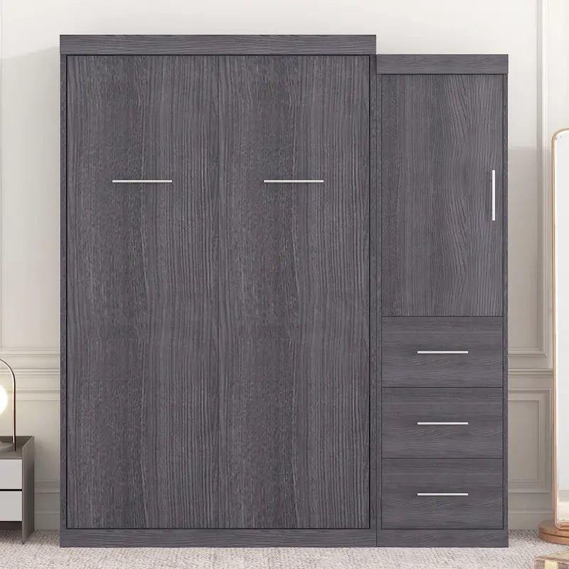 Graues klappbares Schrankbett mit Kleiderschrank & 3 Schubladen, Full/Twin, 1-Personen