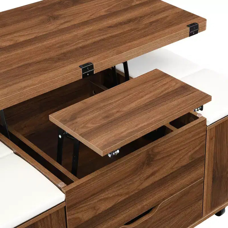 Multifunktionaler moderner Couchtisch mit Hebefunktion, verstecktem Stauraum, 4 Hockern und Rollen, perfekt für moderne Wohnbereiche