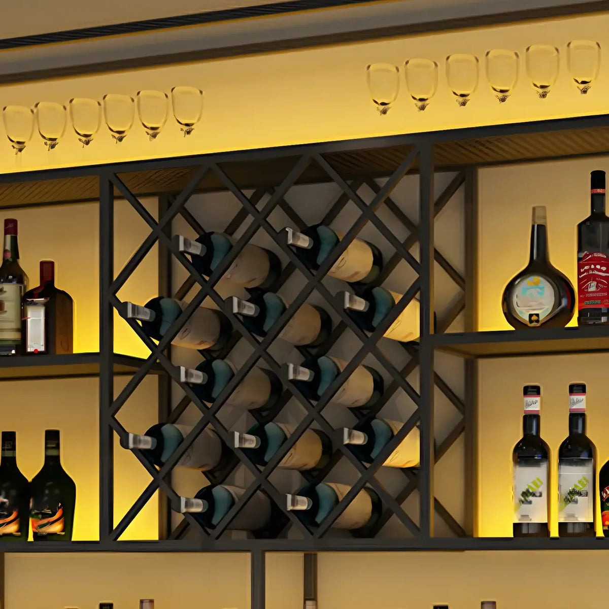 Rechteckiges Wand-Weinregal aus schwarzem Metall