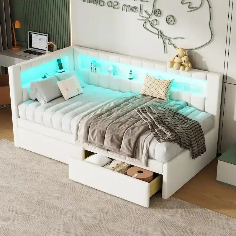 Gepolstertes Plattformbett mit USB-Anschlüssen & LED-Beleuchtung – Einzel-/Doppelbettgestell mit 2 Schubladen – Modernes Schlafzimmer