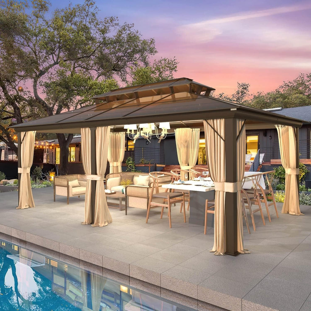 EROMMY Hardtop-Pavillon, Outdoor-Pergola mit Doppeldach & Netzen & Vorhängen, Hochleistungs-Canopy für Terrasse, Garten, Poolparty