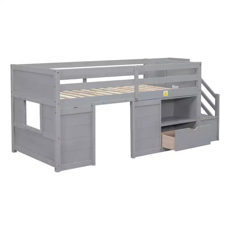 94.6L x 42.3B Massivholz-Hochbett in Twin-Größe mit Treppe, Schublade und Regal, modernes und klares Design