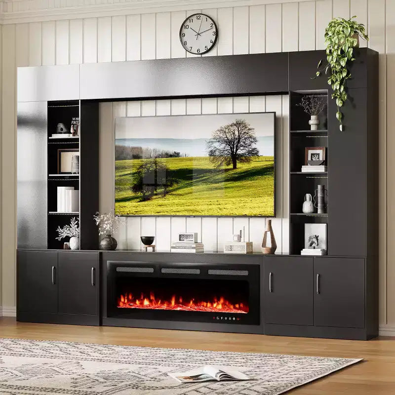 EROMMY 112Große Wohnwand mit Kamin und LED-Beleuchtung