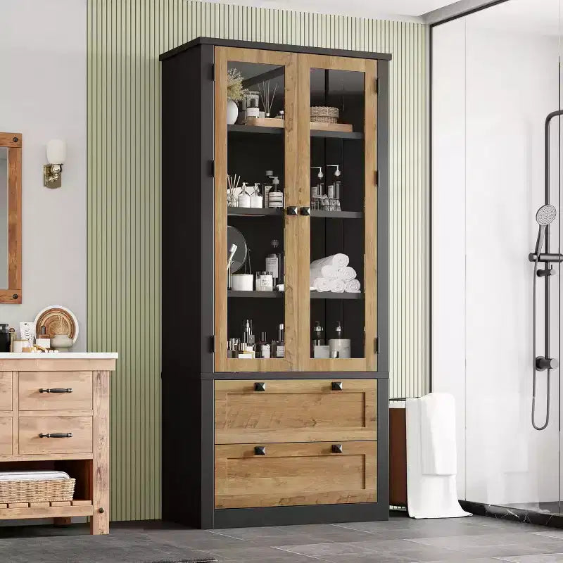 Farmhouse Küchenschrank mit Glastüren, 183 cm Vorratsschrank mit Schubladen und verstellbaren Regalböden für Esszimmer, Bad, Wohnzimmer