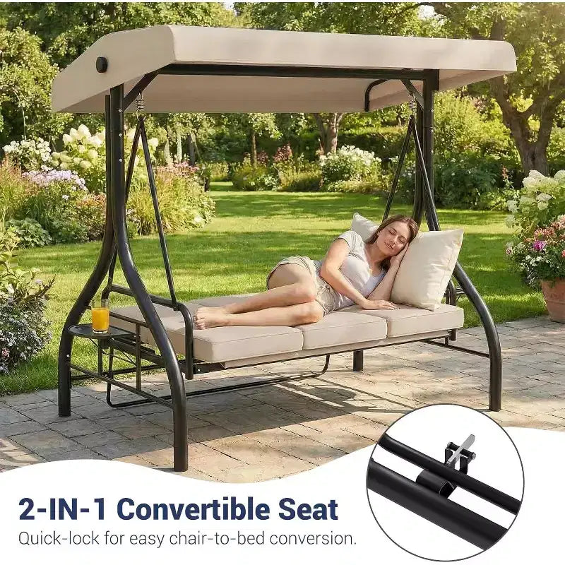 2-in-1 Cabrio 3-Sitzer Hollywoodschaukel mit verstellbarem Dach, Terrassenschaukelbett mit Gestell, dicken Kissen und Getränkehaltern, für Garten, Terrasse, Veranda
