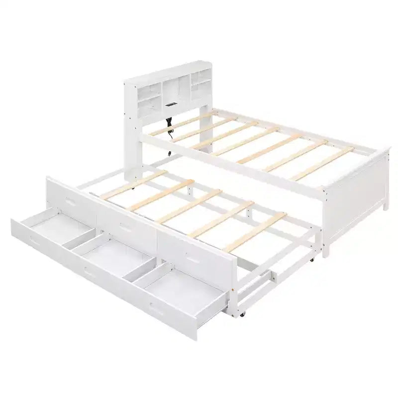 Plattformbett mit Rollbett und Schubladen, Stauraumbett mit USB-Anschluss, Holzbett mit Bücherregal