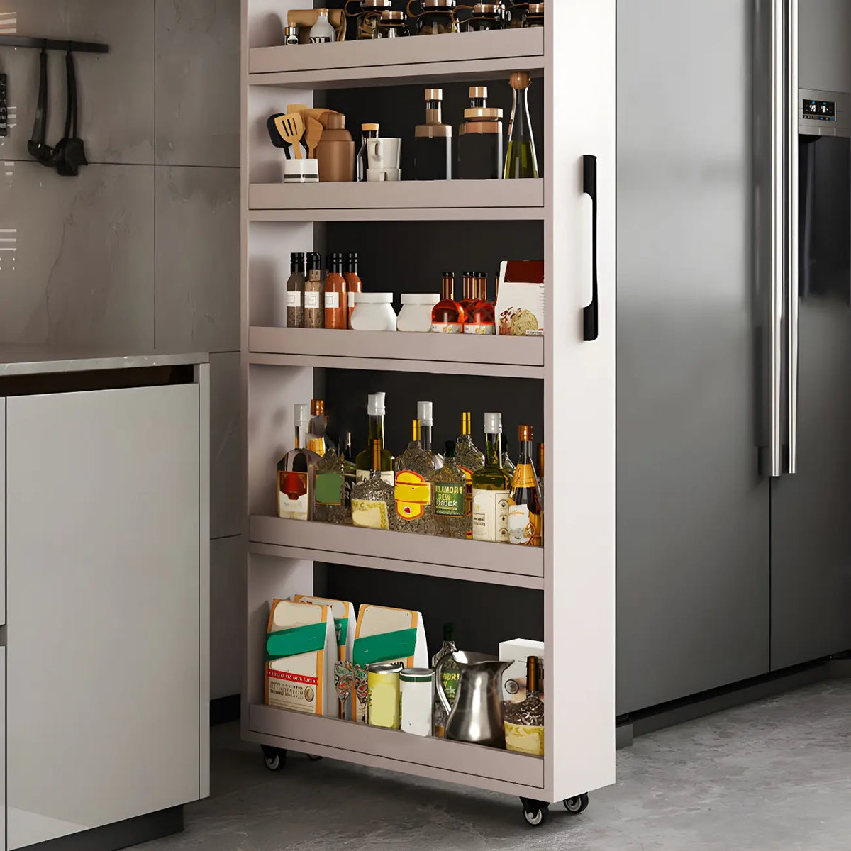 Modernes Holz-Buffet mit offenen Regalen und Rollen