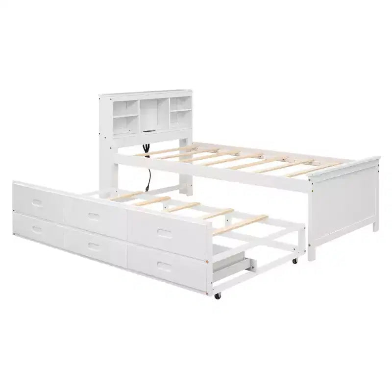 Plattformbett mit Rollbett und Schubladen, Stauraumbett mit USB-Anschluss, Holzbett mit Bücherregal