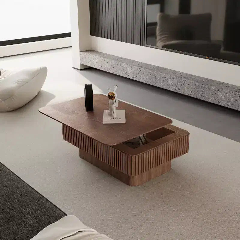 JVNOXK 38.6'' Geriffelter Couchtisch mit Stauraum und Liftfunktion, Massivholzfurnier Höhenverstellbarer Moderner Akzenttisch für Wohnzimmer, Schlafzimmer, Walnuss