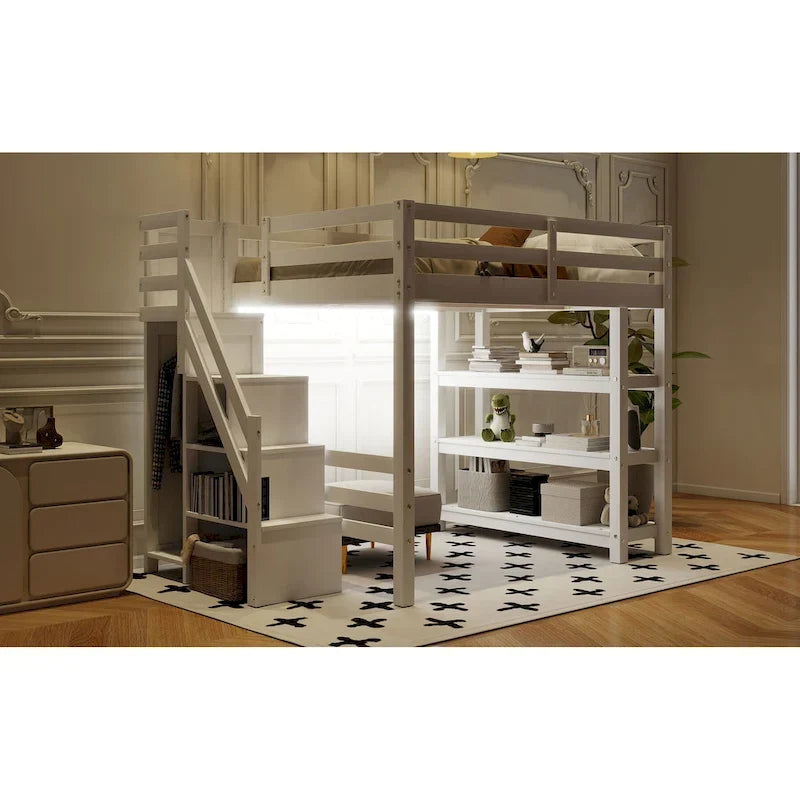 Hochbett mit Stauraumtreppe (Einzel-/Doppelbett) – Regale, Kleiderschrank & LED-Beleuchtung, platzsparendes Design
