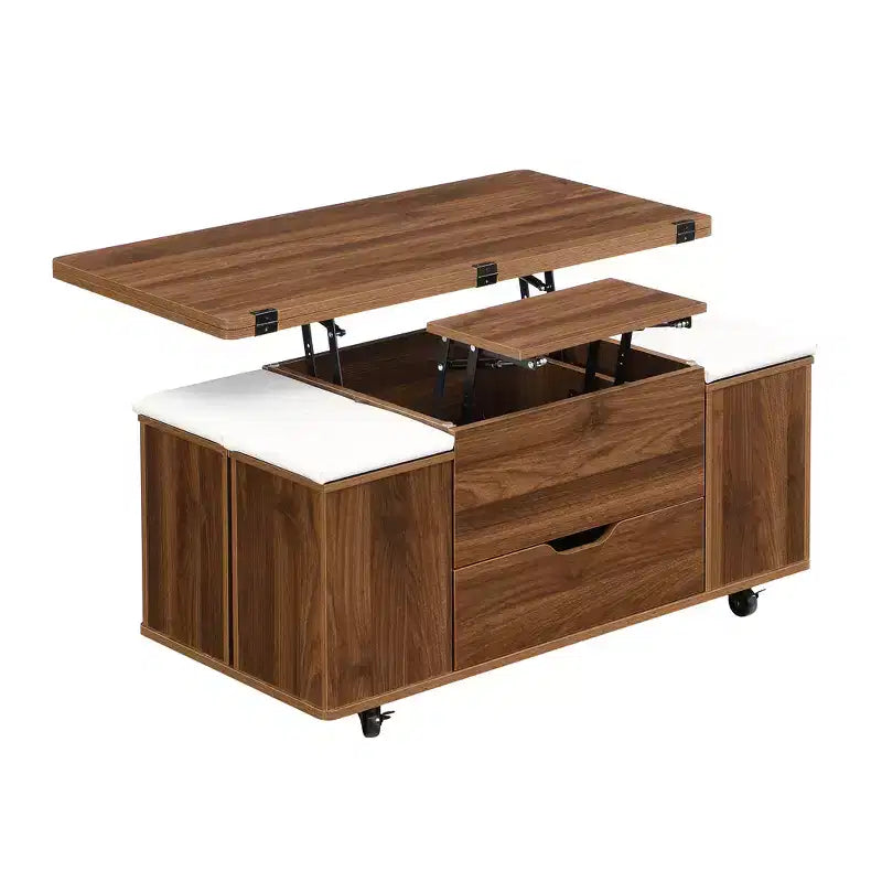 Multifunktionaler moderner Couchtisch mit Hebefunktion, verstecktem Stauraum, 4 Hockern und Rollen, perfekt für moderne Wohnbereiche