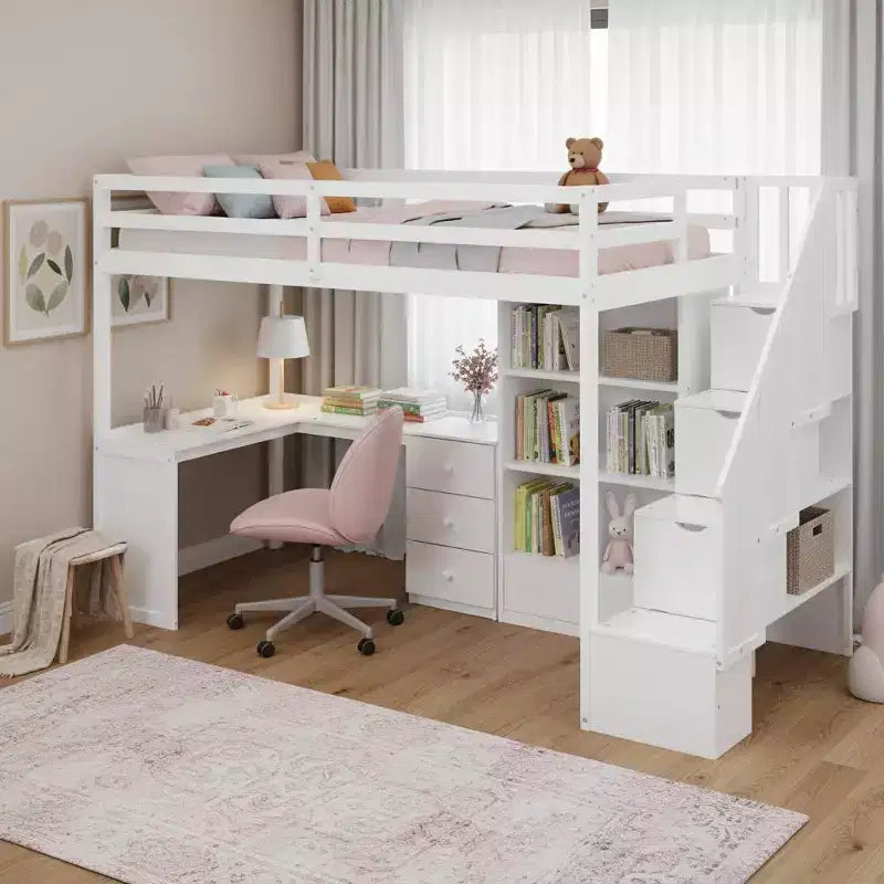Hochbett in Twin-Größe mit L-förmigem Schreibtisch, 3 Schubladen, Schrank, Treppenstauraum, aus massivem Kiefernholz/MDF gefertigt