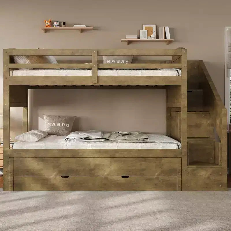 Whisen Twin XL Etagenbett mit Ausziehbett, Etagenbett mit Stauraum, Etagenbett aus Massivholz, Treppe mit Stauraum, Kleiderschrank, 3 Schubladen, für Kinder