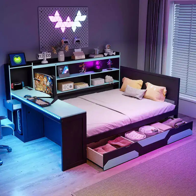 Gaming-Tagesbett (Queen-Size/Full-Size) mit Kopfteilregal, LED-Beleuchtung, integriertem Schreibtisch, Schubladen und Ladestation