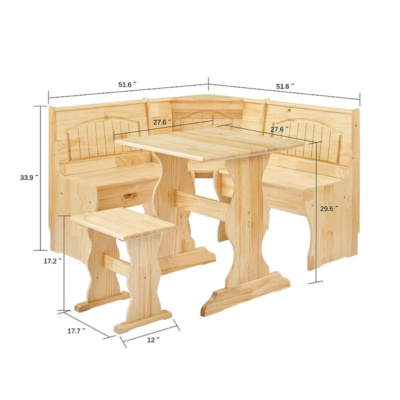 MUSEHOMEINC Essgruppe im traditionellen Stil, 3-teilig, aus massivem Holz, mit Eckbank und verstecktem Stauraum, Eckbank-Esstisch-Set