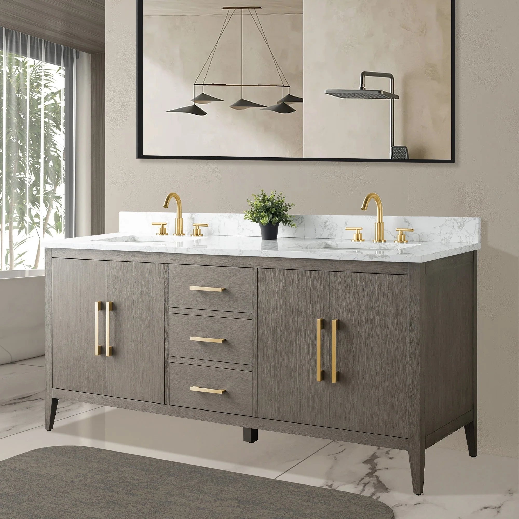 Vanity Art 72 Zoll Badezimmer-Waschtischunterschrank mit Doppelwaschbecken und Kunstmarmorplatte