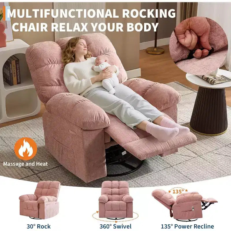 Massage-Liegesessel mit Heizfunktion – 360° drehbarer Schaukelstuhl, überdimensioniertes Einzelsitzer-Sofa mit Vibration, USB-Anschluss und Aufbewahrungstaschen für Wohnzimmer/Schlafzimmer