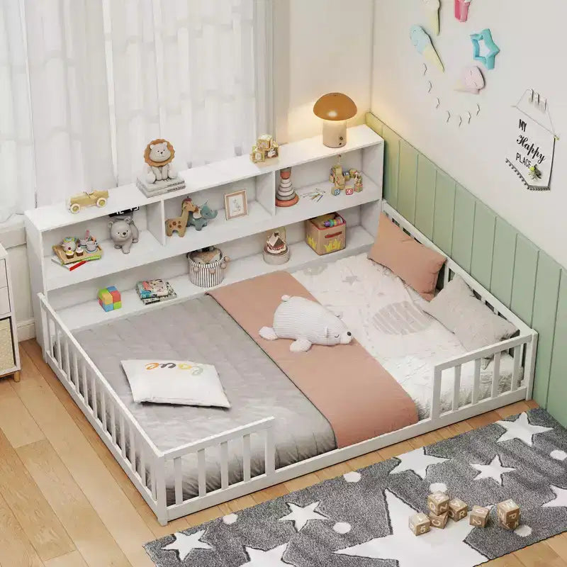 Montessori-Bodenbett für Einzel-/Doppelbetten mit Bücherregal, Ablagefächern und Sicherheitsgeländer, Weiß/Grau
