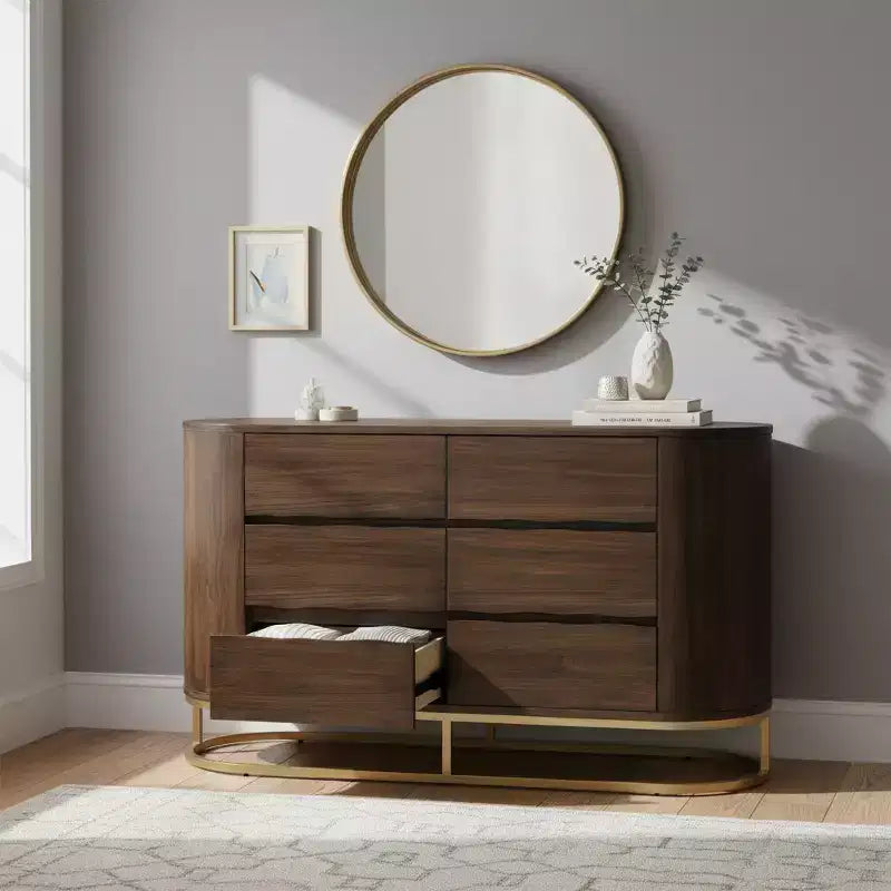 Moderne Kommode mit 6 Schubladen, Baumkanten-Design, Metallgestell und langlebiger Massivholzkonstruktion