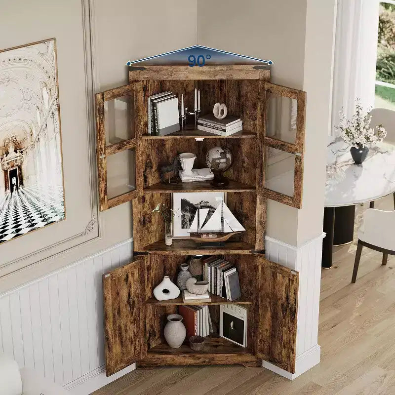 69" Hoher Eckschrank, Bauernhaus-Eckschrank, platzsparender Stauraum, Glastür, verstellbare Einlegeböden, für Wohnzimmer, Küche