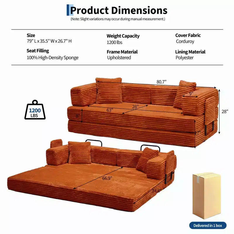 80.7 5-in-1 Schlafsofa – Kord, 544 kg, kein Aufbau