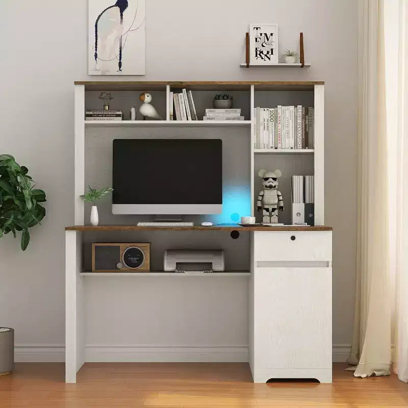 51.18 Zoll moderner Computertisch mit Aufsatz und Bücherregal, Schreibtisch mit viel Stauraum, Schreibtisch für Arbeitszimmer, Lesezimmer
