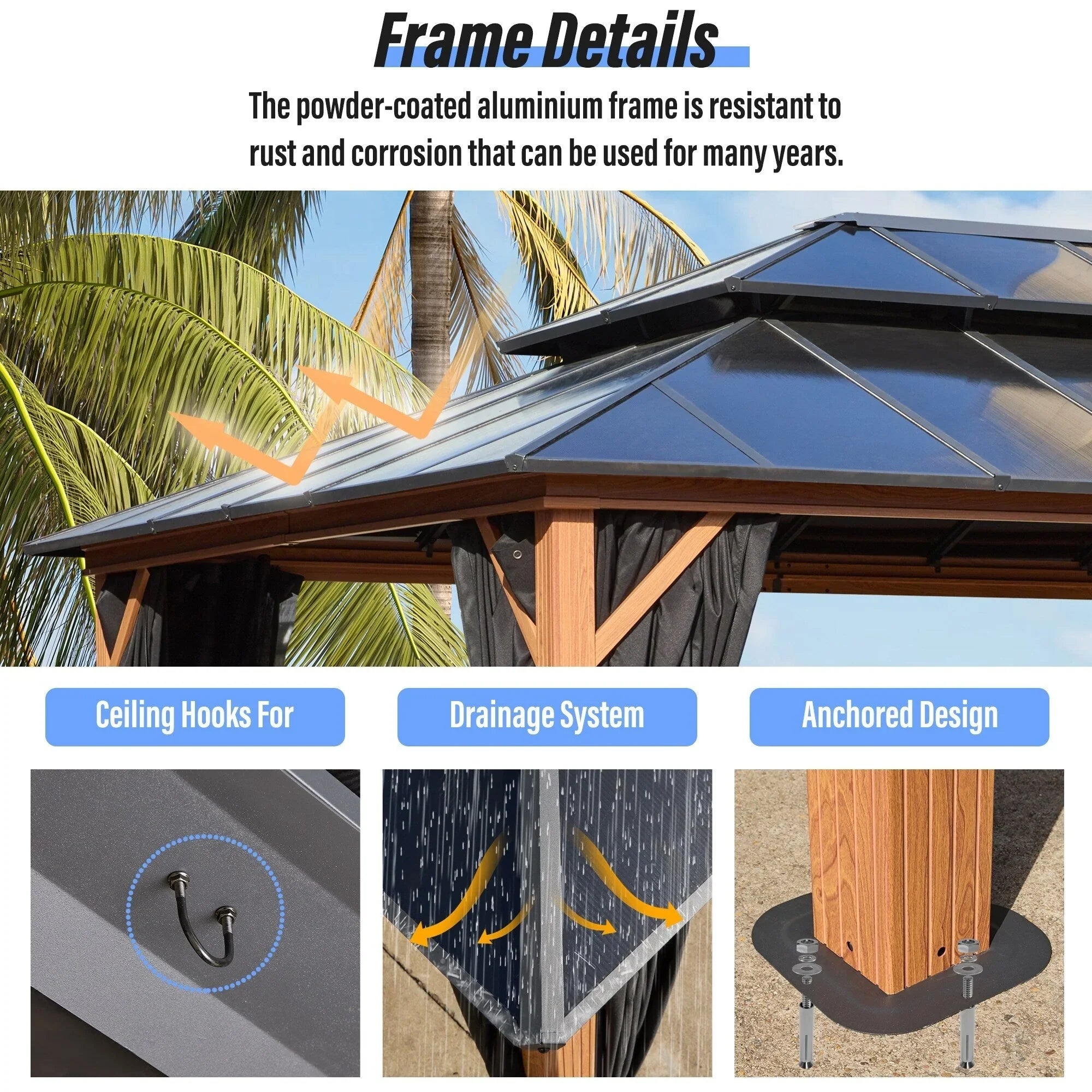 EROMMY Hardtop-Pavillon, Outdoor-Pergola mit Doppeldach & Netzen & Vorhängen, Hochleistungs-Canopy für Terrasse, Garten, Poolparty